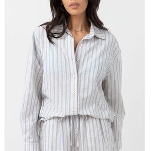 Rhythm - Amore Stripe Oversized Shirt - Blue and Tan - Size Small
